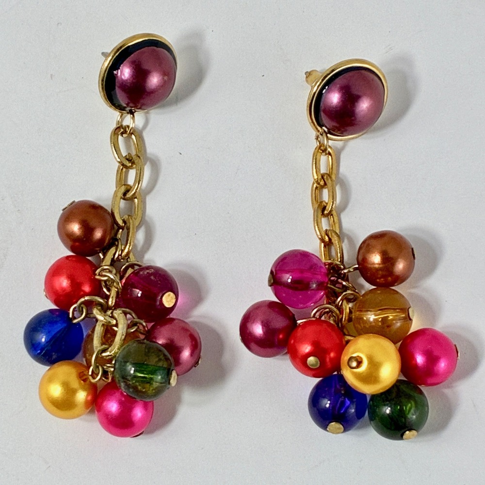 VTG Gold Tone Multi Color Bead Cluster 3" Drop Earrings Bauble Dangle Post Back